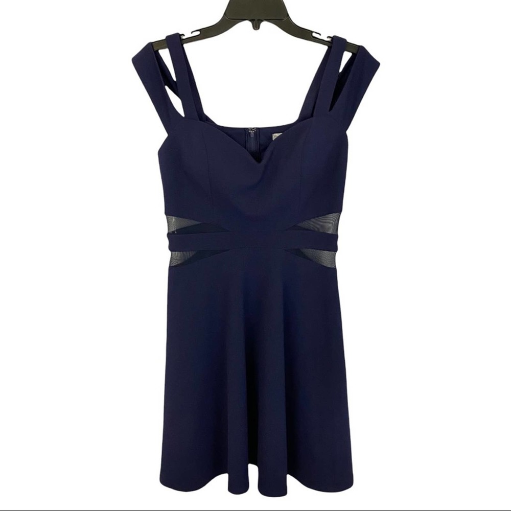 XTRAORDINARY | Navy Blue Cold Shoulder Sheer Cutout Mini Party Cocktail Dress - Picture 16 of 16